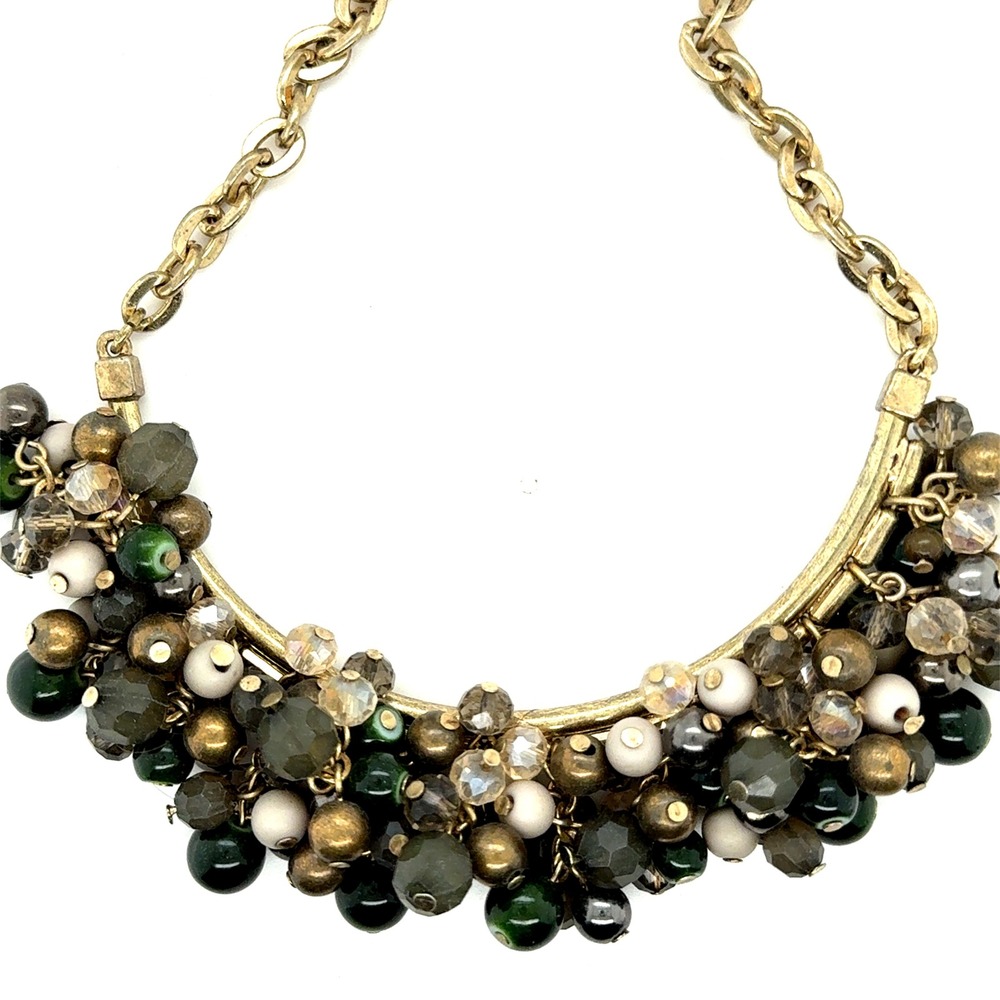 The Limited Green Grey Cream Beaded Bib Statement Necklace Gold Tone‎ 16-18.5"